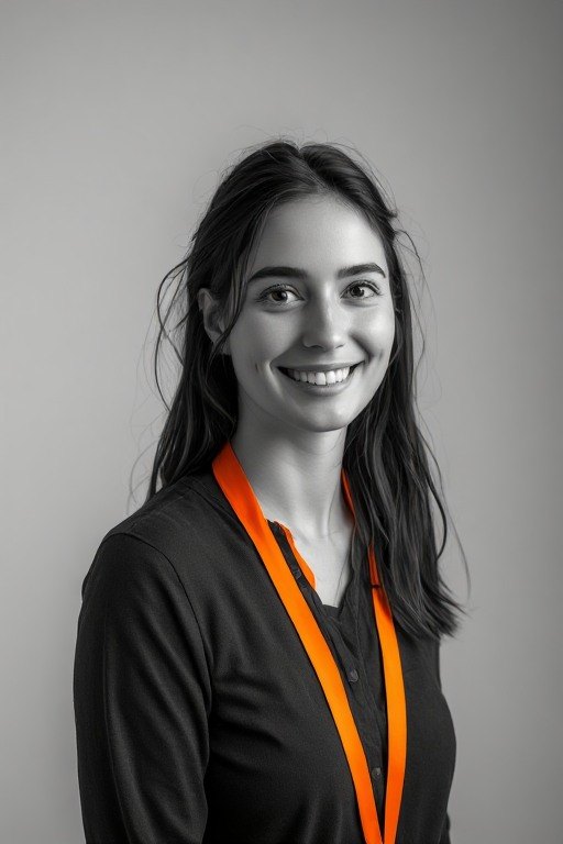 AI engineer from our network, smiling, wearing an orange lanyard